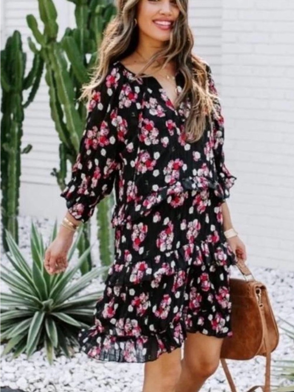 Vici Black Mini Dress with Pink Floral Print
